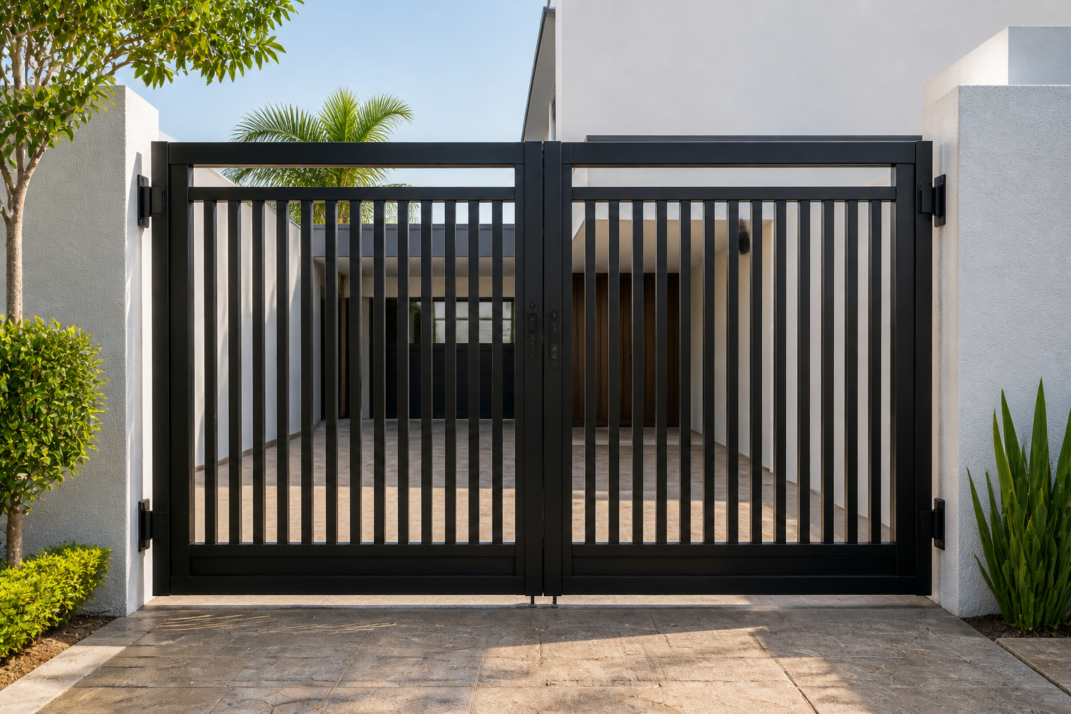 Portón abatible residencial de dos hojas en acero negro
